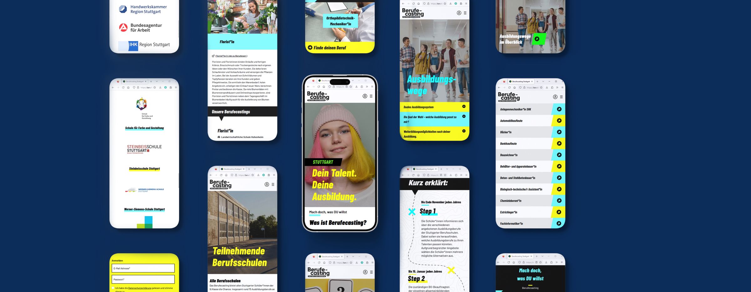 Key Visual: Collage aus Screens der Berufecasting-Plattform mit Neonfarben und Foto-Headerbildern
