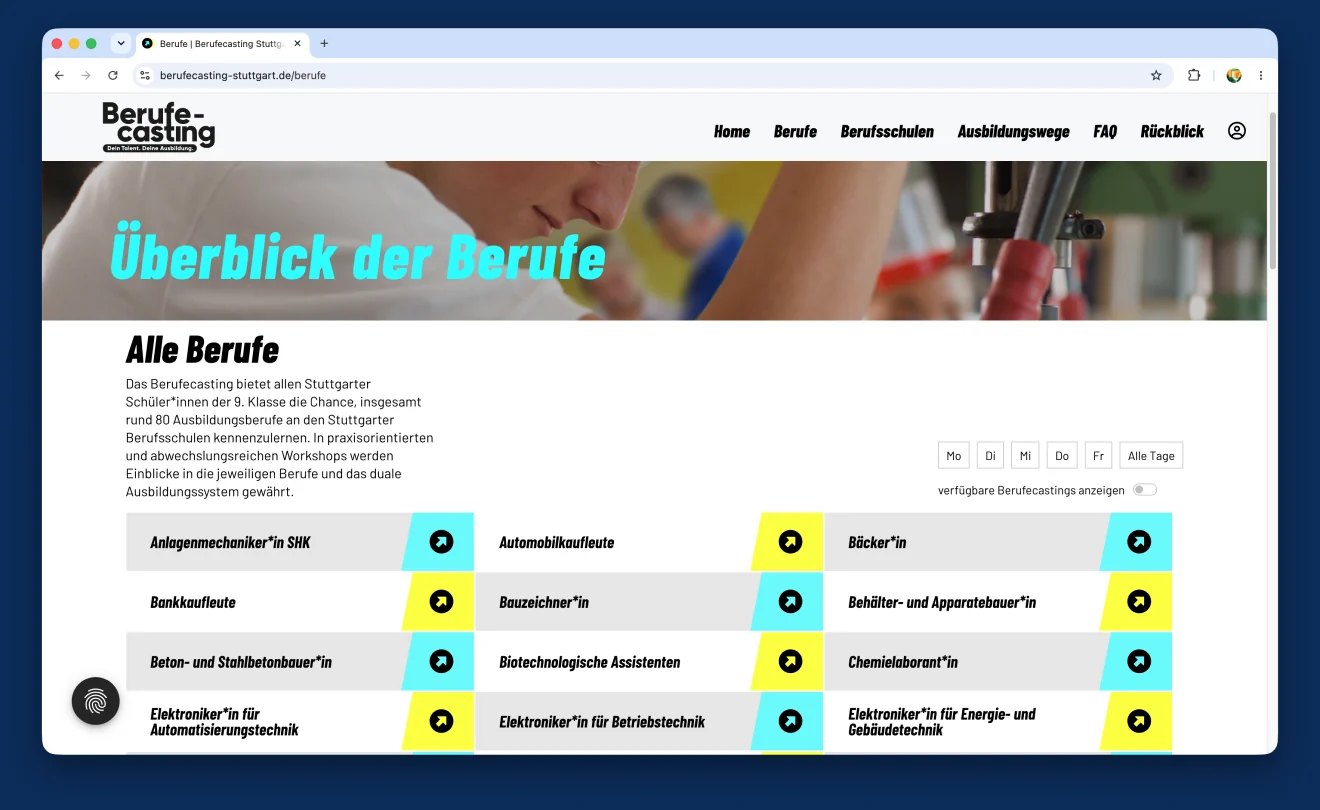 Screenshot der Berufe-Übersicht auf berufecasting-stuttgart.de mit Wochentagsfilter