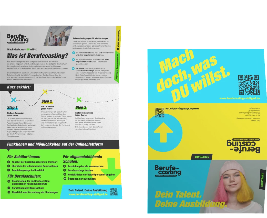 Falzflyer, aufgeklappt und gefaltet, mit Ablauf und Terminen
