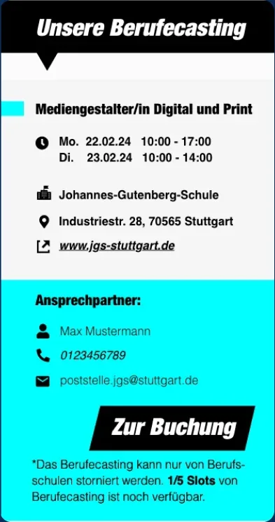 Screen: Termine des Berufecastings mit Ansprechpartner und Schaltfläche zur Buchung