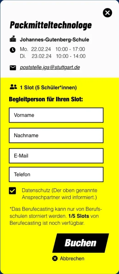 Screen: Formular für die Begleitperson mit Vorname, Nachname, E-Mail und Telefon