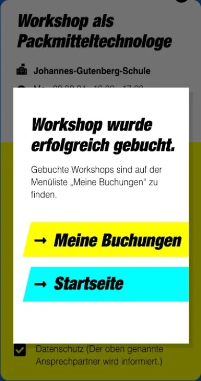 Screen: Bestätigung, dass der Workshop gebucht wurde