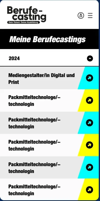 Screen: Liste der eigenen Berufecastings mit gebuchten Berufen