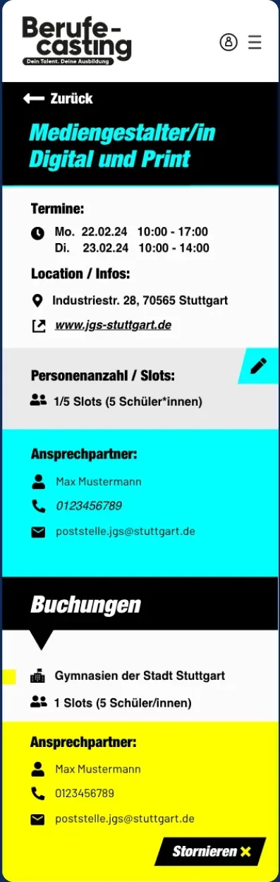 Screen: Termin im Detail mit Slots, Ansprechpartner und Buchungen