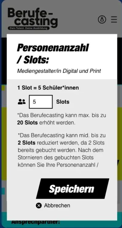 Screen: Personenanzahl und Slots ändern