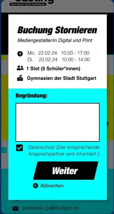 Screen: Buchung stornieren mit Begründung