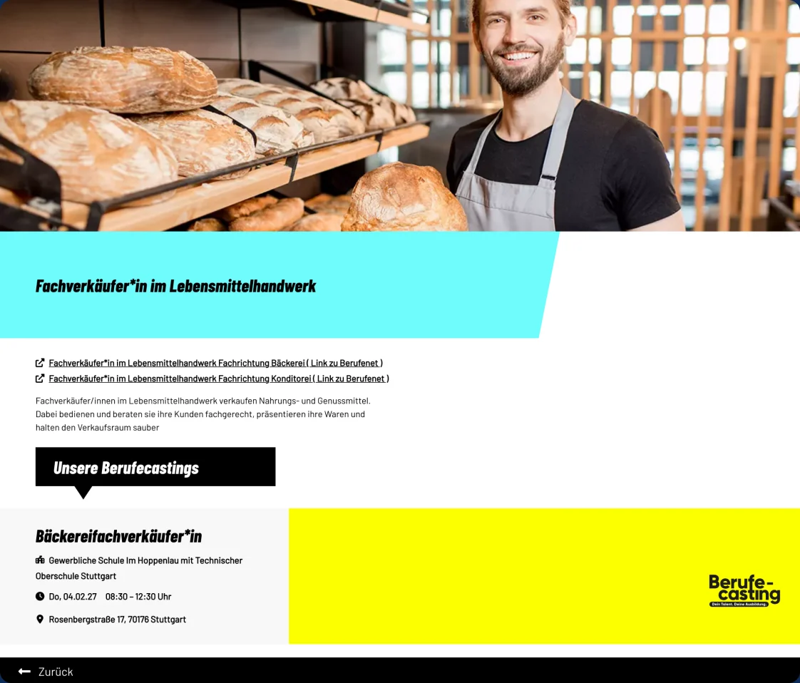 Berufsseite: Fachverkäufer:in im Lebensmittelhandwerk mit Foto und Terminliste