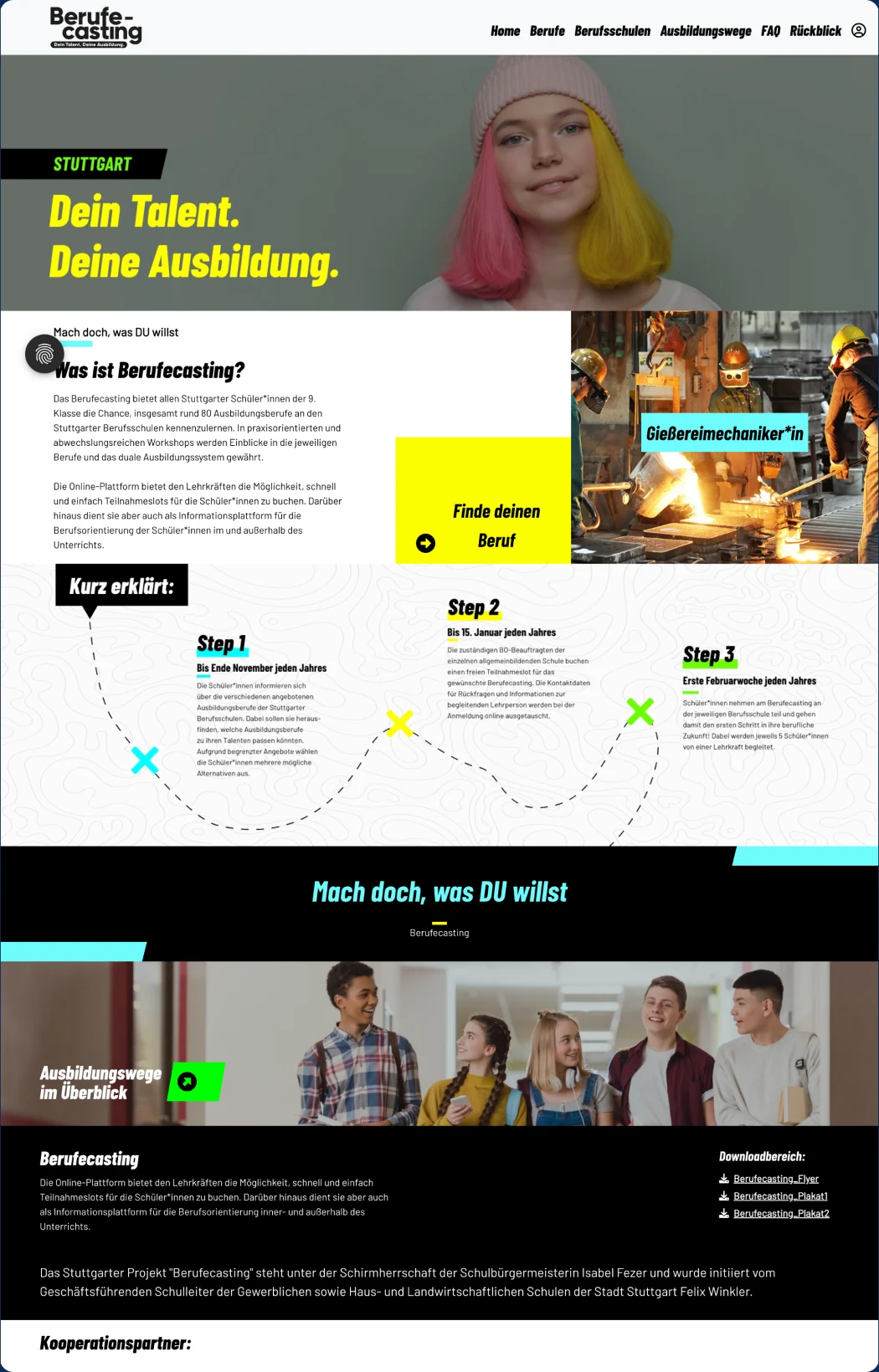 Startseite von berufecasting-stuttgart.de: gelbe Fläche, Bild einer Schülerin, Slogan „Dein Talent. Deine Ausbildung.“