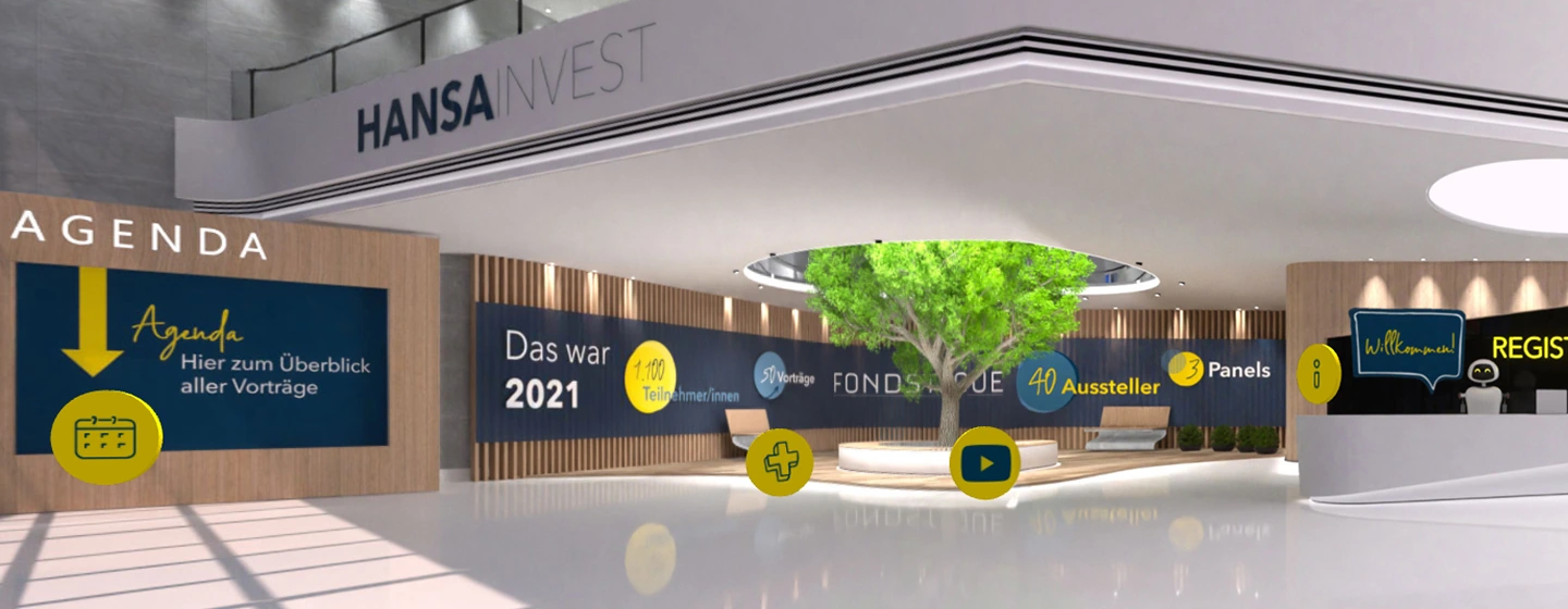 Rendering des Foyers: Empfangstresen, Agenda-Wand mit Pfeil, runde Buttons im Raum, Baum in der Mitte