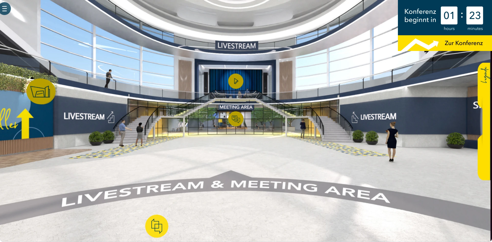Blick auf Livestream und Meeting Area, oben rechts ein Countdown „Konferenz beginnt in 01:23“ mit Knopf „Zur Konferenz“
