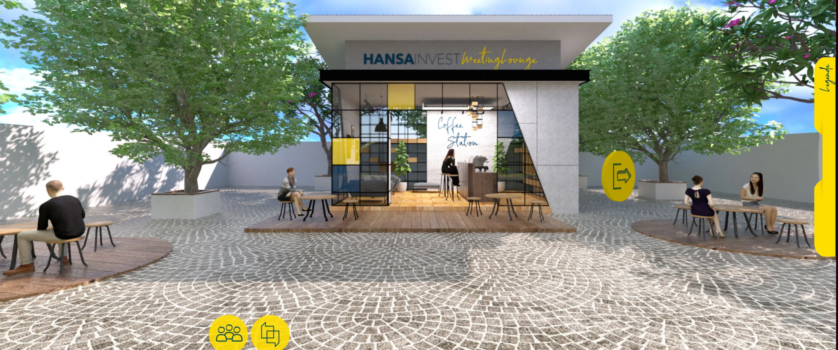 Rendering der Meeting Area: eine Lounge mit Coffee Station, Sitzgruppen und Bäumen