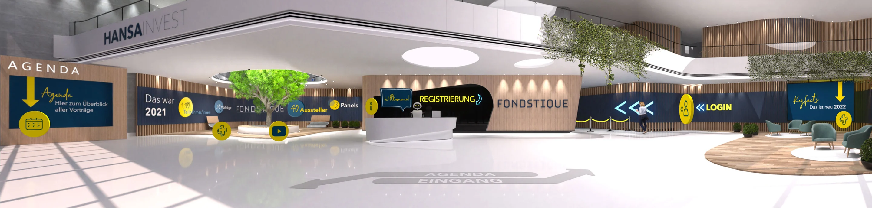 Panorama des Foyers: Agenda-Wand mit gelbem Pfeil, runde Buttons, Registrierung, Login und Bodenbeschriftung