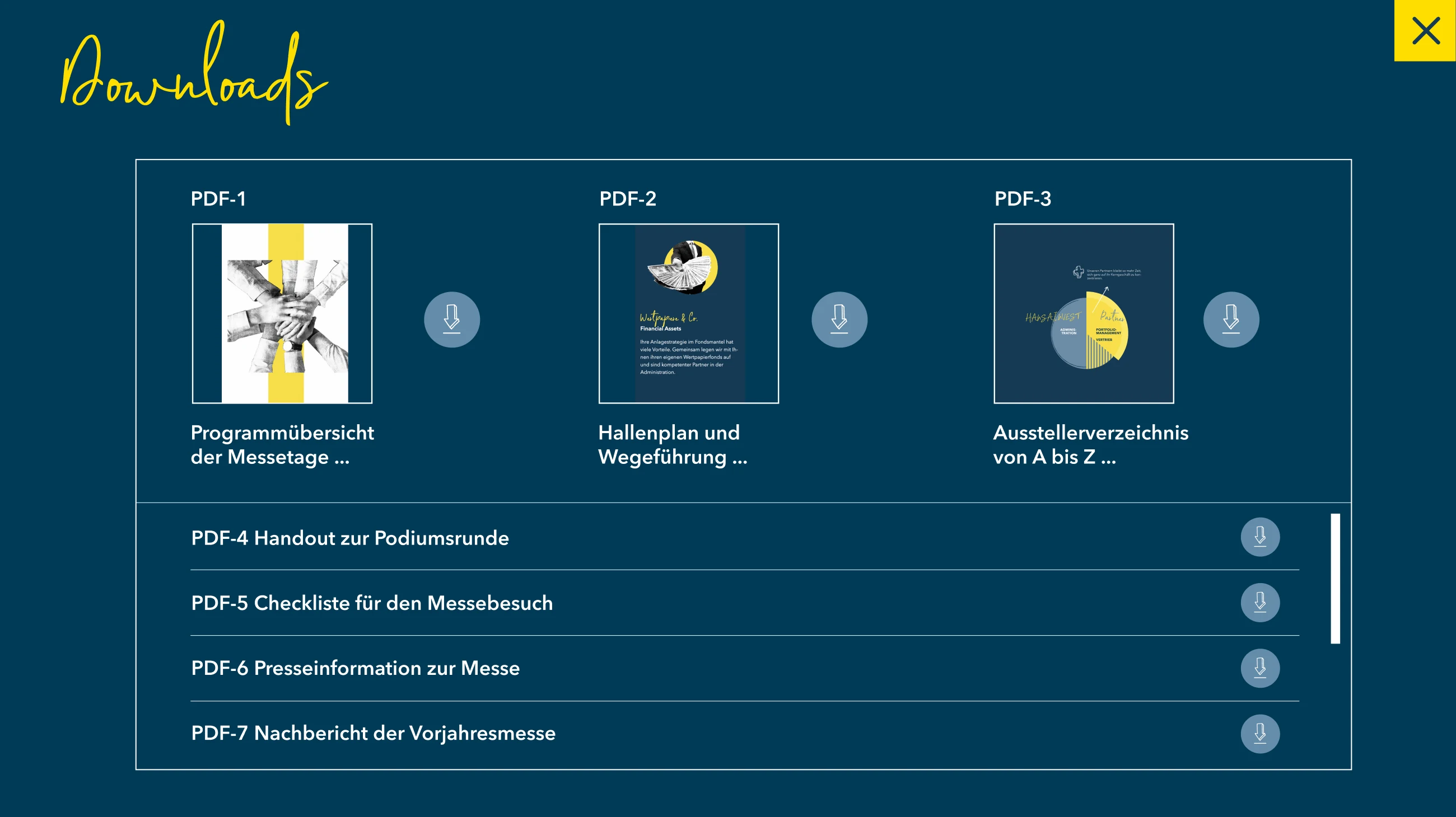 Overlay Downloads mit drei Dokumentkacheln und vier Zeilen zum Herunterladen