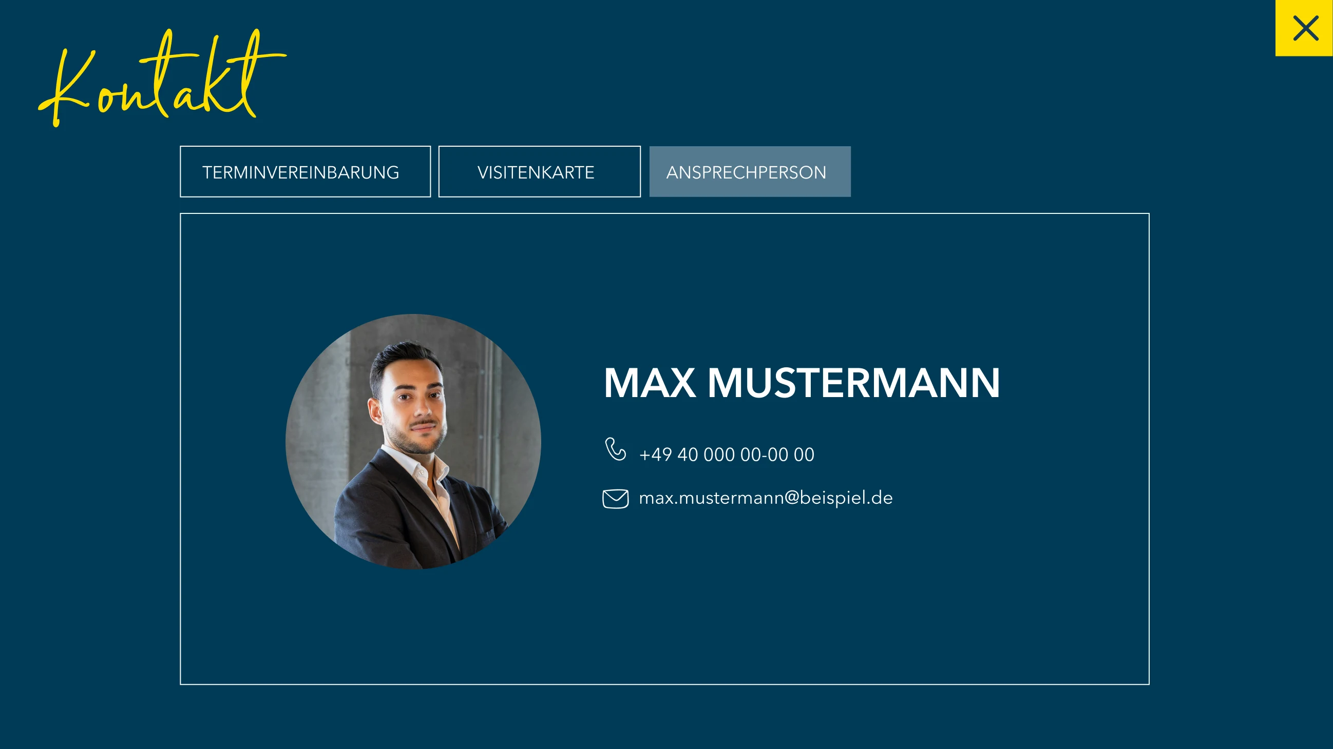 Overlay Kontakt, Reiter Ansprechperson: Foto, Name, Telefonnummer und E-Mail-Adresse