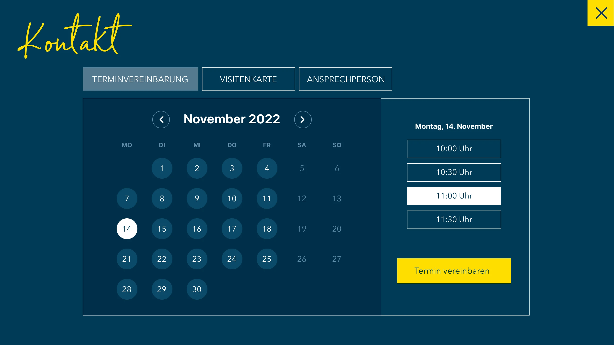 Overlay Kontakt, Reiter Terminvereinbarung: Monatskalender und vier Uhrzeiten
