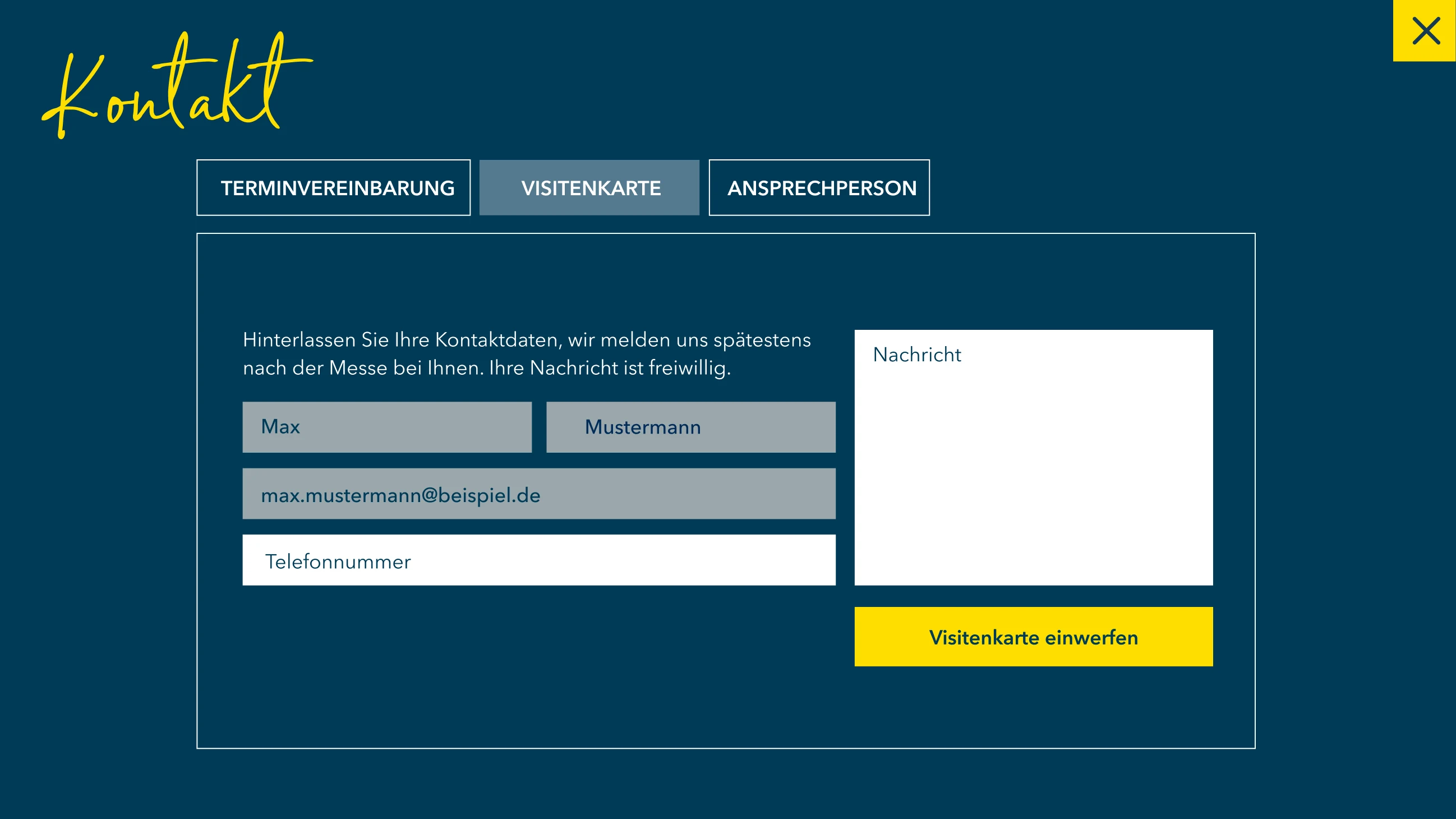 Overlay Kontakt, Reiter Visitenkarte: Formular mit Name, E-Mail, Telefon und Nachricht
