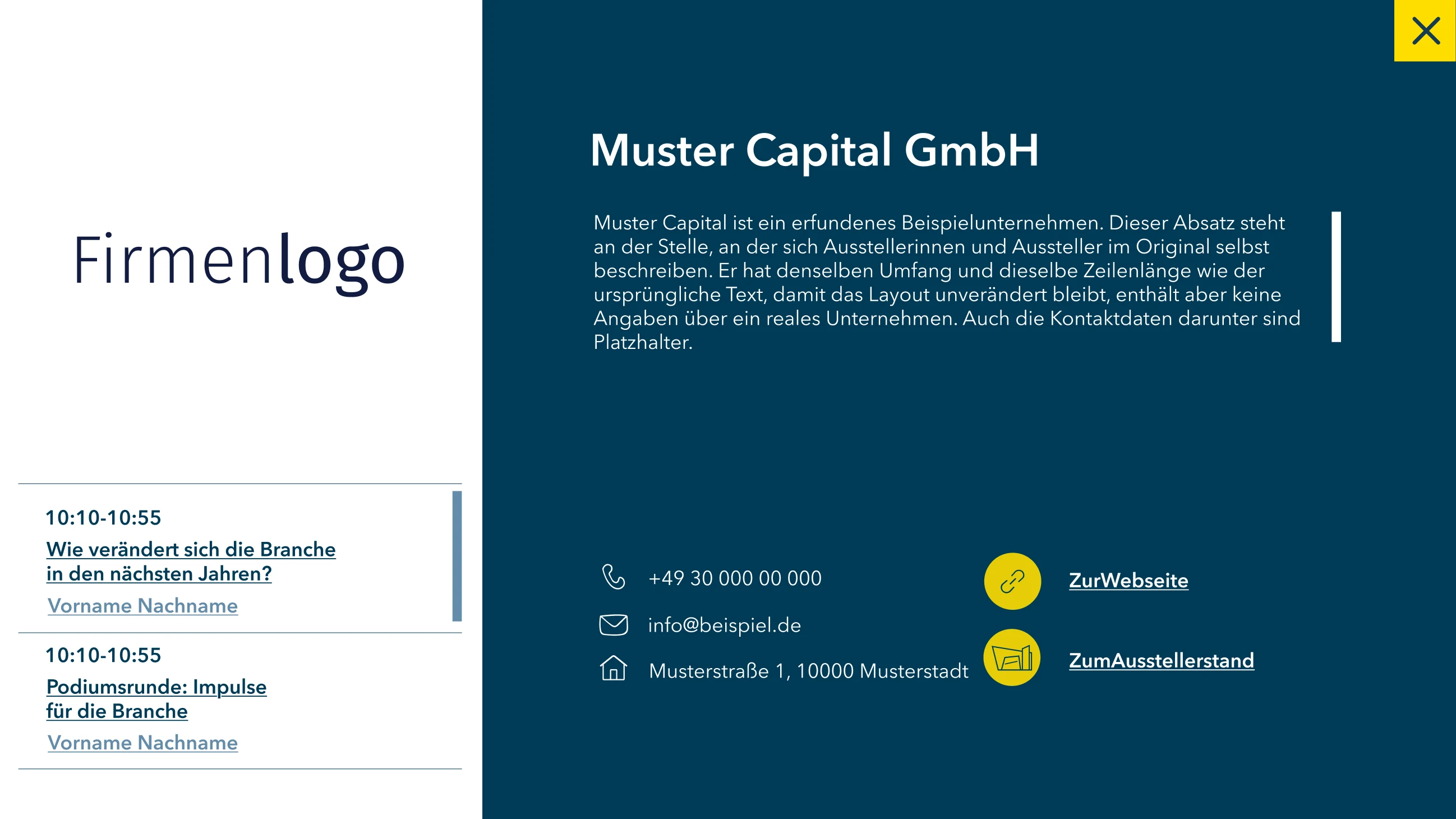 Overlay Stand-Info mit Firmenlogo, Beschreibung, Kontaktdaten und zwei Vorträgen