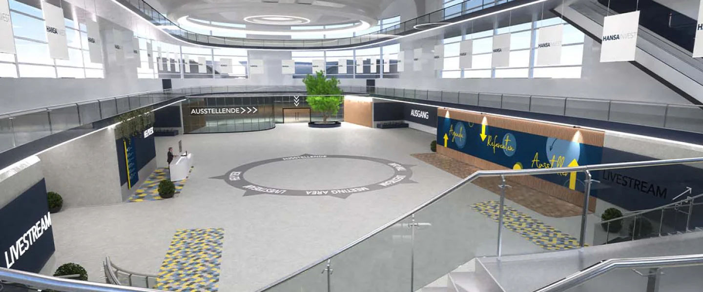 Blick von oben in die Halle: Wandgrafiken und Bodenschrift laufen durch die 360°-Kamera schräg auseinander