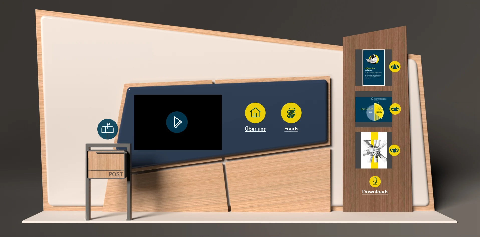 Rendering eines Messestands: Firmenlogo auf der Rückwand, Bildschirm mit Filmknopf, Briefkasten, Infosäule mit Downloads